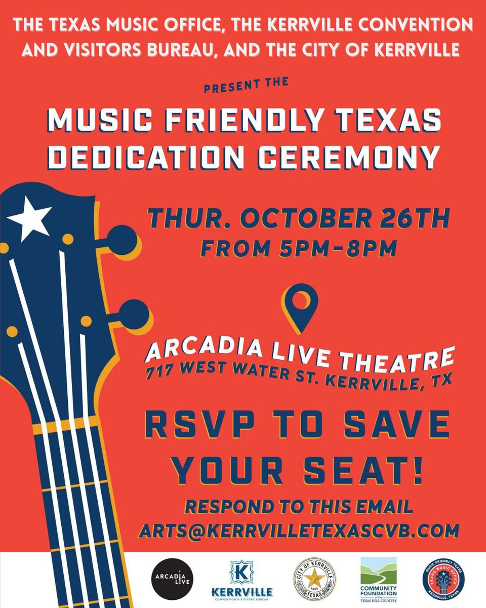 Join the TMO, @kerrvilletx, @cityofkerrville, @thearcadialive, & #CommunityFoundationoftheTexasHillCountry for a #MusicFriendlyTexas Certification Ceremony on Thurs, Oct 26, at 5PM, as #KerrvilleTX becomes the 50th community in Texas to receive the MFT Designation from the TMO!