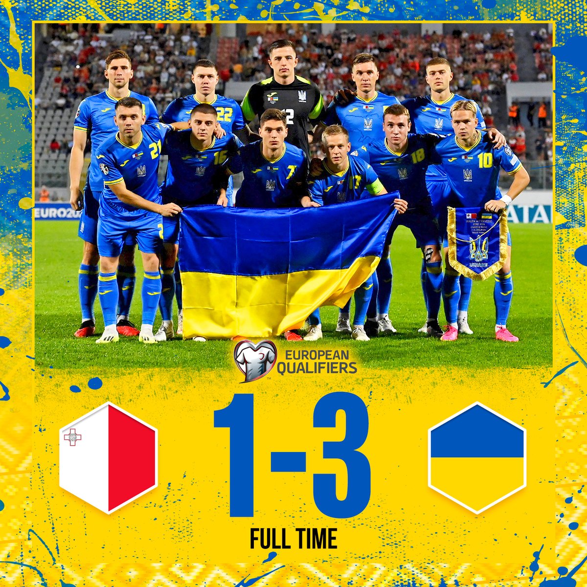 FCShakhtar_eng's tweet photo. 🇺🇦 Comeback victory! Ukraine national team defeated Malta 3-1! 🙌

⚽️ Artem Dovbyk ⚽️ Mykhailo Mudryk ⚽️Own goal

💙💛 Ukraine will play against Italy 🇮🇹 in the deciding match of the Euro 2024 qualification group stage on November 20 in Leverkusen 🇩🇪

#Ukraine #MaltaUkraine https://t.co/aqLvUO6Fzx