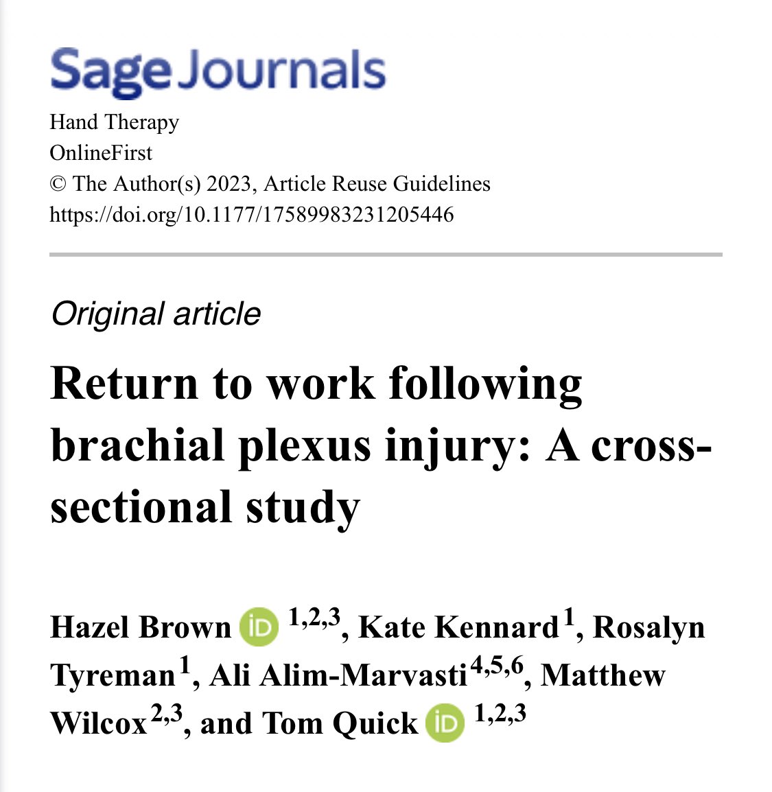 TJQPNI's tweet image. Published now @hoopoe_swana @PNIResearchUnit new study on return to work following #brachialplexus injury. 57% had to change employment following their BPI. Changes in occupation were more likely in more physical jobs. In the Complete plexus injury group 100% changed occupation