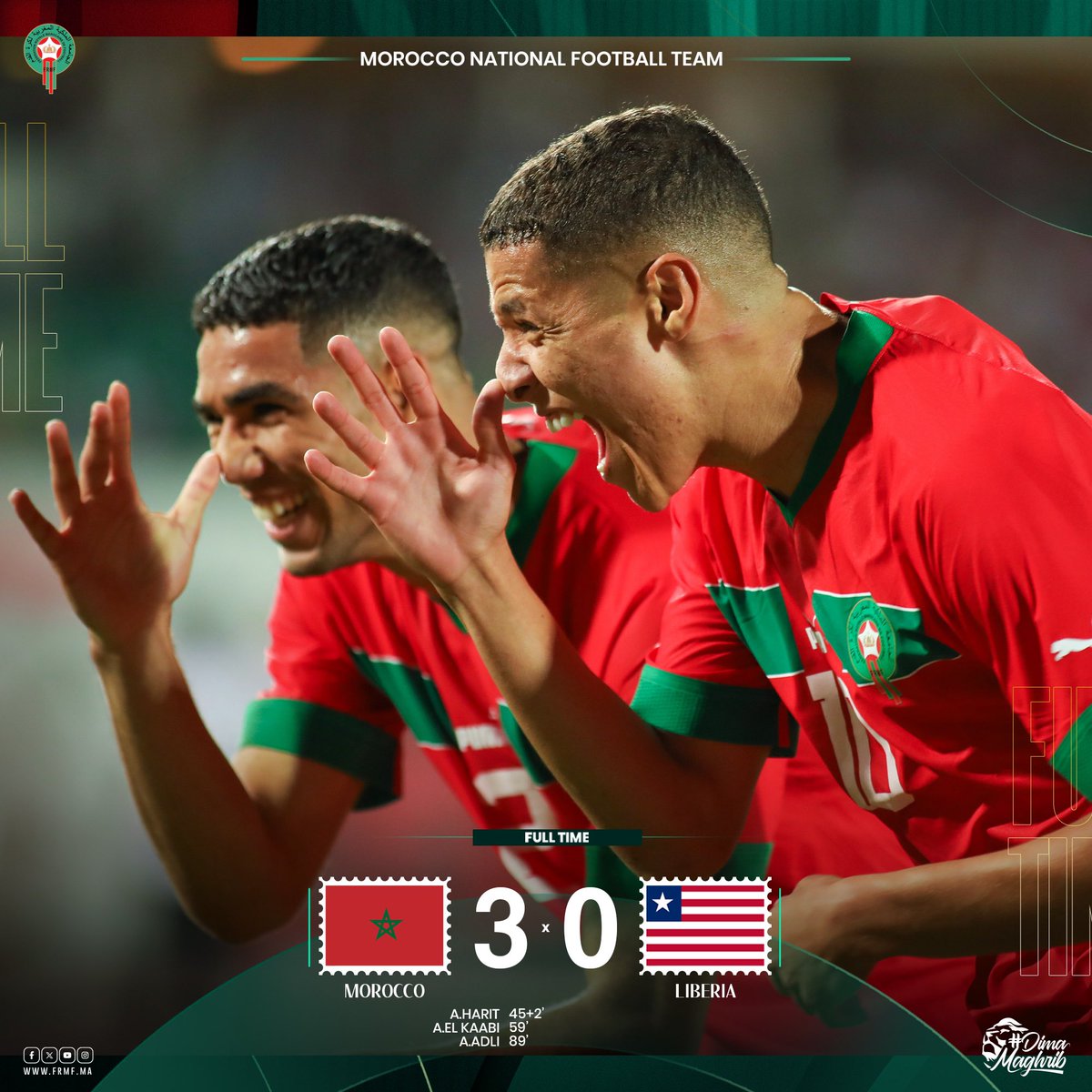 نهاية المقابلة بفوز منتخبنا الوطني أمام منتخب ليبيريا

🏁Full time !! 🇲🇦3-0🇱🇷
A stunning win for our National Team 🔥👏

#DimaMaghrib 🇲🇦 #AtlasLions #TeamMorocco