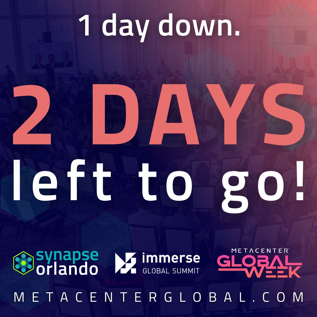 Day 1 of #MetaCenterGlobalWeek is a wrap &amp; there's still more to come!

2-Day VIP &amp; GA tickets are still available for you to experience everything #SynapseOrlando, <a href="/ImmerseSummit/">Immerse Global Summit</a> &amp; <a href="/the_metacenter/">The MetaCenter</a> have planned! #InnovationLivesHere

🎟️ Code SYNAPSE: bit.ly/3QkKhfe