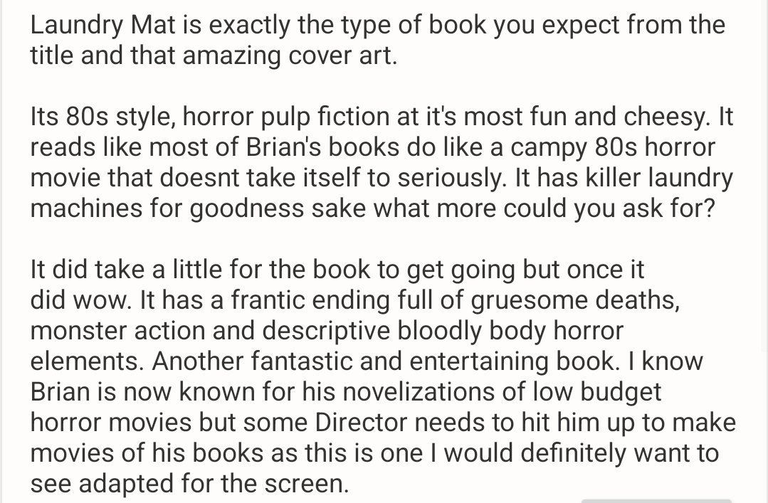 Laundry Mat by @BGBhorror is 80s inspired horror fiction at it's most entertaining 🔥
#horrorbooks #HorrorCommunity #HorrorFamily #indieauthor #supportindieauthors #bookreview #horrorpaperbacks #readmorehorror