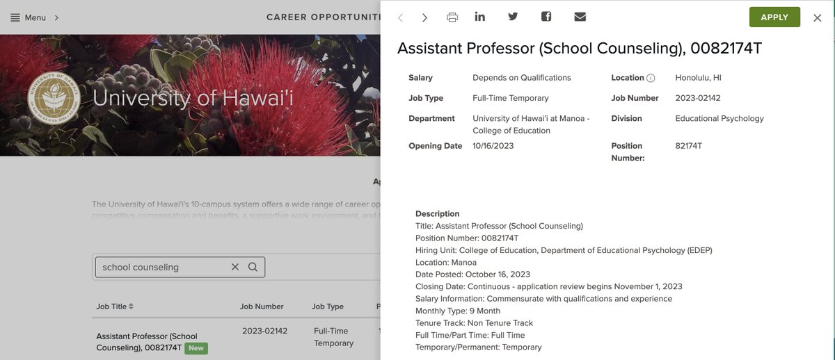 *NOW HIRING* Assistant Professor (School Counseling) College of Education, Dept of Educational Psychology Continuous application review begins November 1, 2023 To learn more or apply: bit.ly/3FqPfkg and search for 0082174T Inquiries: Lois Yamauchi, yamauchi@hawaii.edu
