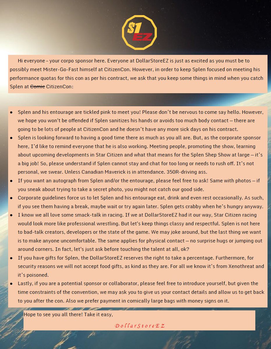 DollarEz's tweet photo. Heya - its your sponsor here. With
@SplenectomY on a plane to #CitizenCon2953, here is unable to stop me from letting the legal department get a post in here regarding @SplenectomY at #CitizenCon2953 https://t.co/Yk5USe5LUu