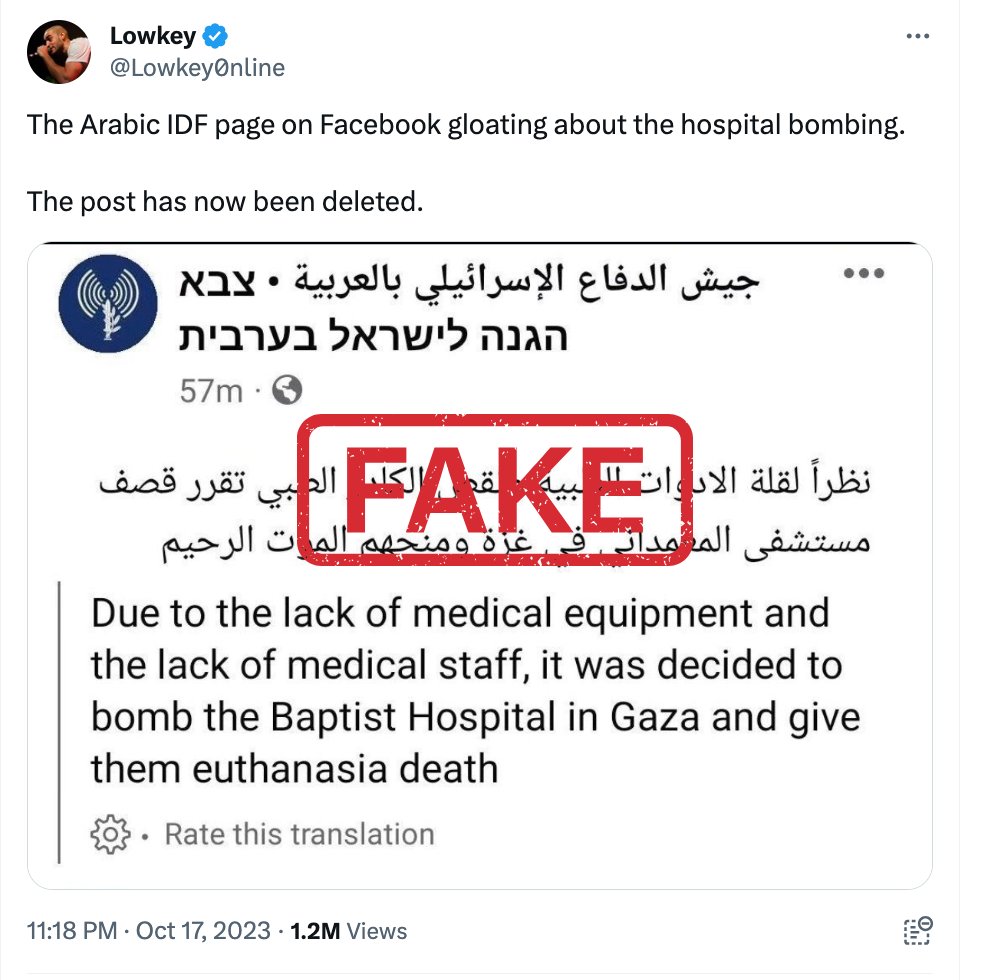 This misleading tweet has gained more than 1M views. The Facebook page claiming to be an official IDF page is FAKE. It has been removed from Facebook.