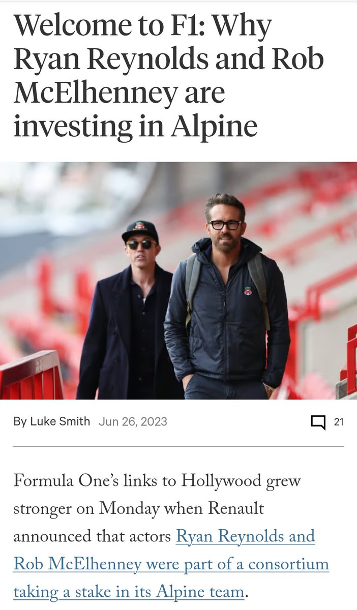 The timing of #TravisKelce's investment in #Alpine F1 is fascinating cuz #RyanReynolds & #RobMcElhenny recently did too. Ryan is married to #TaylorSwift's BFF #BlakeLively, & Rob is a comedic actor from #Philly where #JasonKelce plays 🏈 & Taylor has roots
bleacherreport.com/articles/10093…