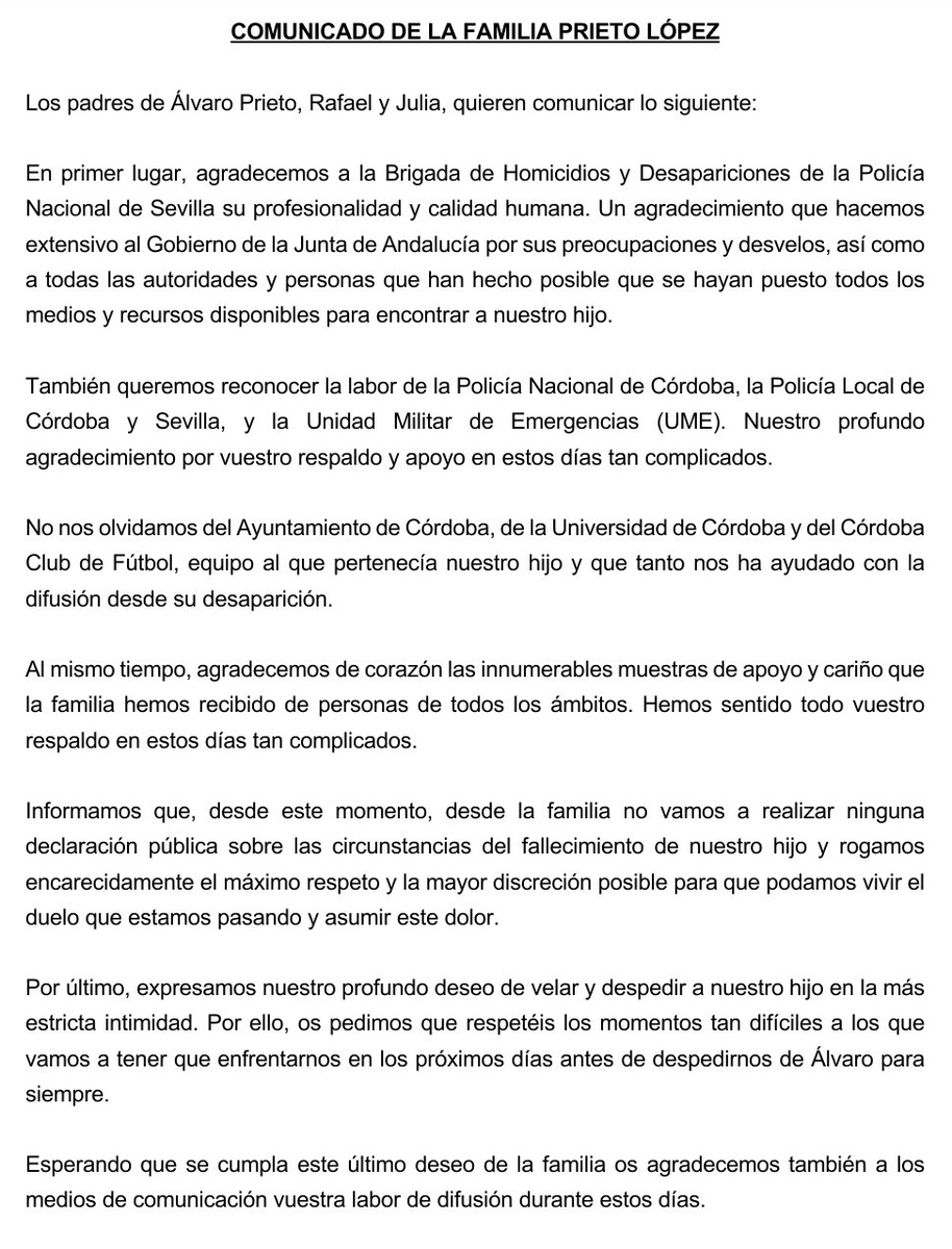 🚨 ÚLTIMA HORA | Comunicado de la familia de Álvaro Prieto

🖤 "Agradecemos de corazón las innumerables muestras de apoyo y apoyo que hemos recibido"

🙏🏻 "Rogamos encarecidamente el máximo respeto y la mayor discreción posible"

📻 #PartidazoCOPE