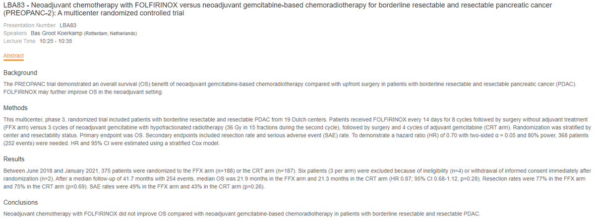 🚨🚨🚨PREOPANC-2 dropped! For AR or BR-PDAC, neoadjuvant FFX and neoadjuvant Gemcitabine based CRT (36 Gy/15 fx) had comparable outcomes. mOS was 21.9 m with FFX arm vs 21.3 m with CRT (HR 0.87; 95% CI 0.68-1.12, p=0.28), and similar resection rates 77% vs. 75%. #ESMO23