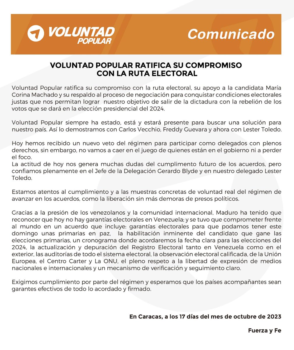 Ratificamos nuestro compromiso con la ruta electoral, el apoyo a María Corina y respaldamos el proceso de negociación para conquistar condiciones electorales justas.