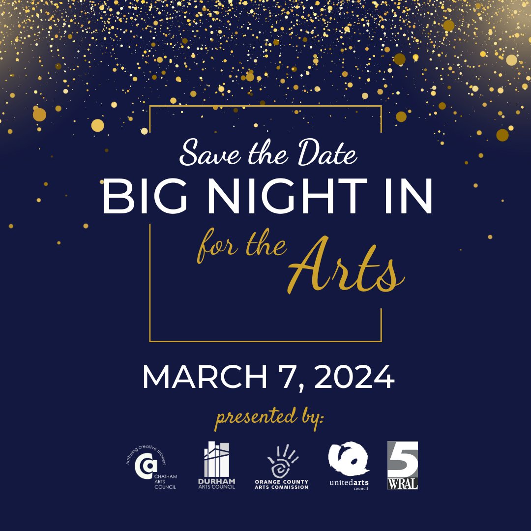 SAVE THE DATE! #BigNightIn for the Arts is back on March 7, 2024, to support the arts in the Triangle. Become a sponsor today! ow.ly/KWzn50PXUs4 #TriangleArts