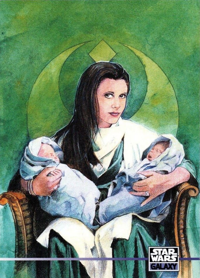 I love this artwork of Leia holding the twins Jacen and Jaina.

Topps did some phenomenal EU artwork!

#StarWars #Leia #PrincessLeia #Twins #SoloTwins #JacenSolo #JainaSolo #LeiaOrgana #LeiaOrganaSolo #Skywalker #EU #StarWarsEU #ExpandedUniverse #StarWarsExpandedUniverse #Legends