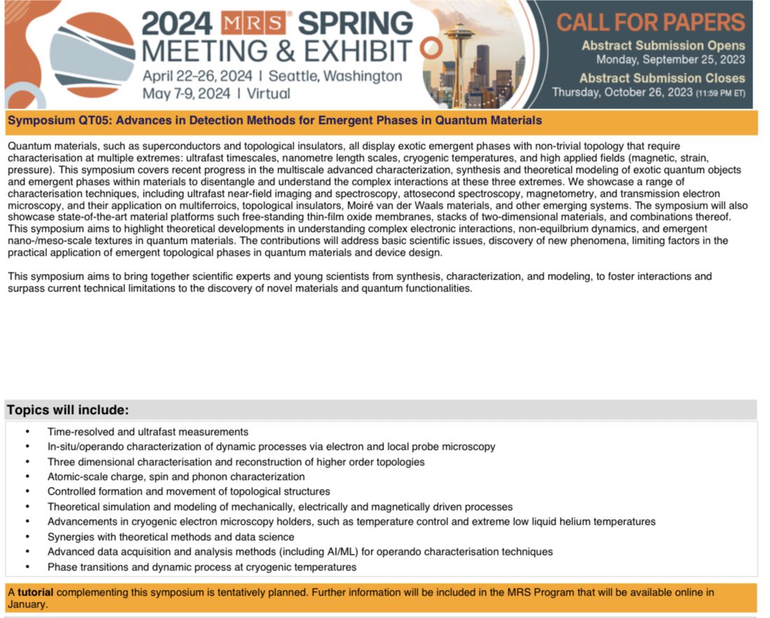 ShellyStem's tweet photo. Abstract submission deadline for #S24MRS only one day away October 18th! 

Excited to organise #QT05 symposium on ‘Advances in detection methods for emergent phase in #quantum materials’ with the awesome @DrJessBoland @NameProgramme @mat4quantum 

Link:
https://t.co/ZhuTQ0ooW3 https://t.co/kl3QjdDTfP
