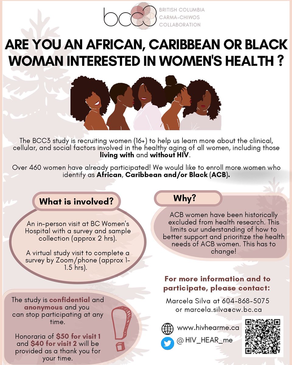 The BCC3 study is trying to recruit more participants who identify as African, Caribbean and/or Black. We want our study to reflect the diverse groups of women living in BC! Please share with your networks or consider participating if you identify as an ACB woman
#ResearchEquity