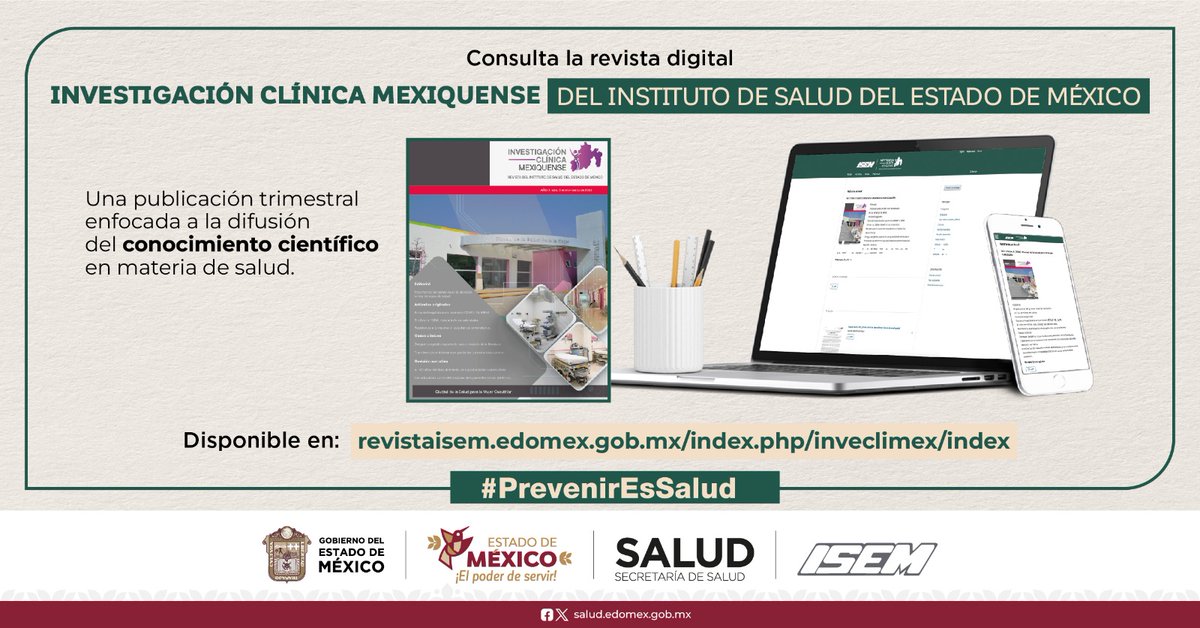 SaludEdomex's tweet photo. Te invitamos a consultar el 5to. número de la revista científica “Investigación Clínica Mexiquense”, que desarrolla el #ISEM, un espacio enfocado a la difusión del conocimiento en materia de salud.
📌Edición trimestral, ingresa a: https://t.co/IBxFR0W9ma https://t.co/Eh14jg3lrg