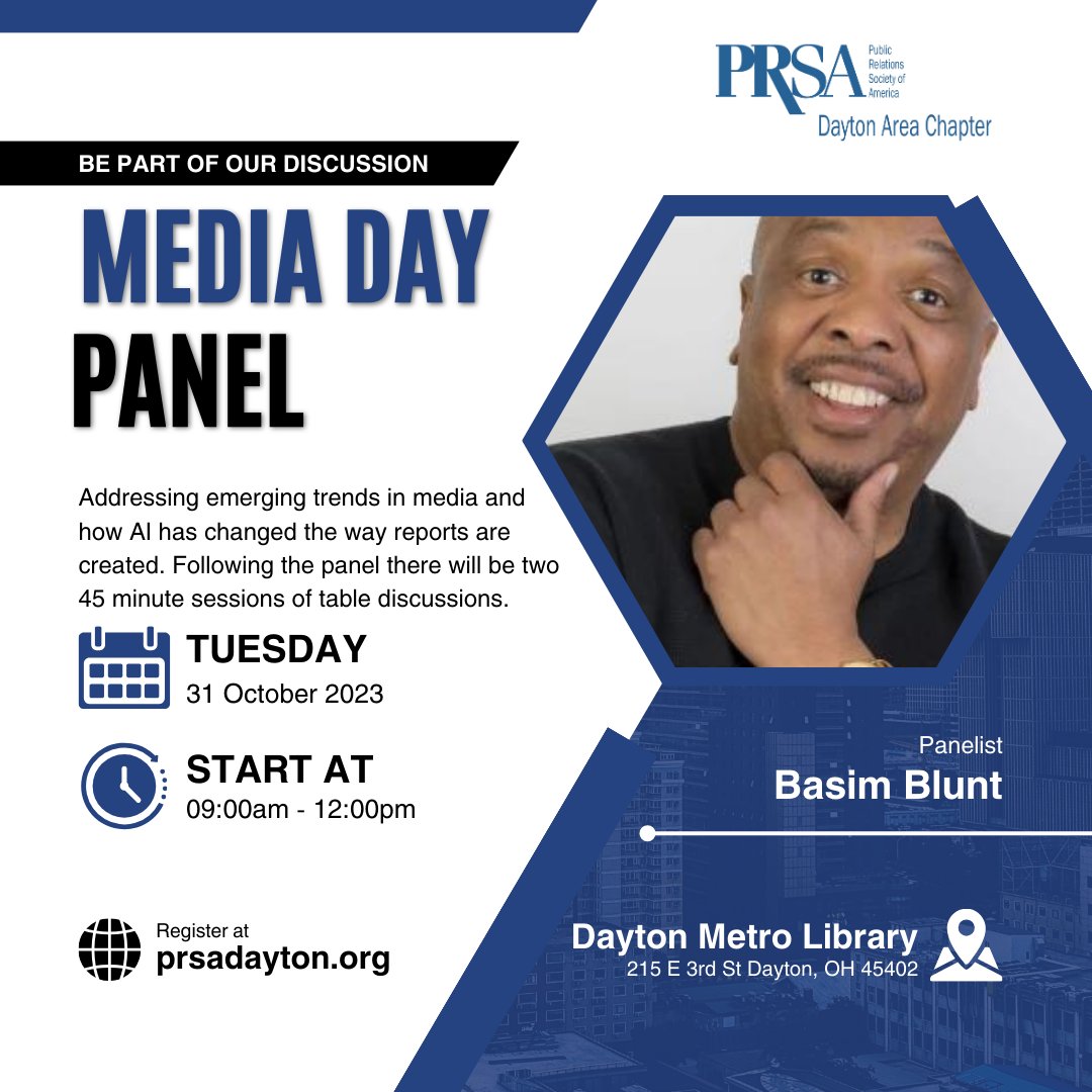 Be part of our #PRSADaytonMediaDay panel discussion with Basim Blunt.

Join us for panel and tabletop discussions with other Dayton area journalists and practitioners as we delve into the changing landscape of PR and media relations: shorturl.at/hluB9