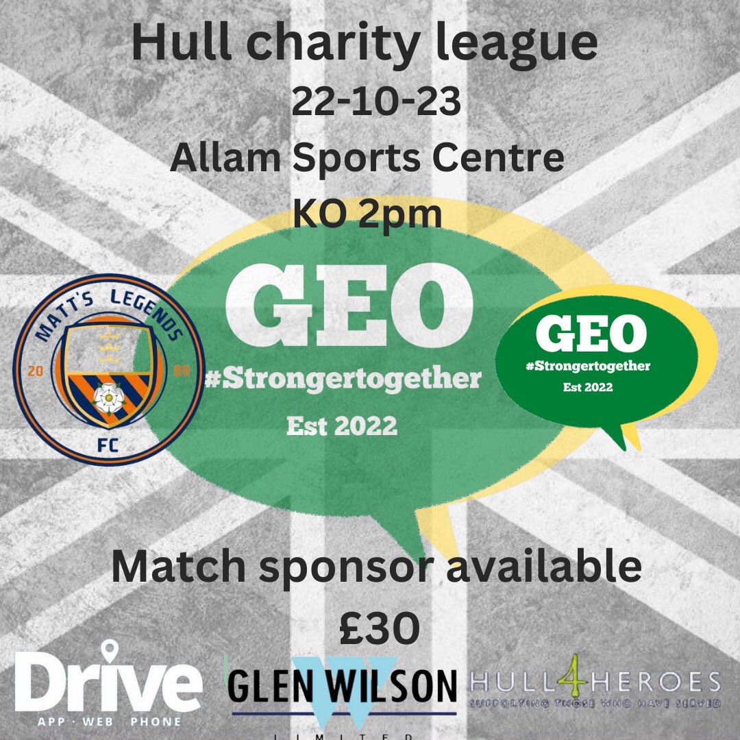 This Sunday we are back in league action v @mattslegendsfc 

#charityfootball 
@hull4heroes @GEO4Heroes @lisa4heroes @LisasLadiesFC @Veteransvillag1