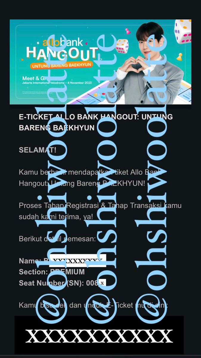 ohshiwoolatte's tweet photo. WTS TIKET ALLOBANK HANGOUT UNTUNG BARENG BAEKHYUN

🎟️ 1 tix PREMIUM SN 008x

• Diurus sampai tiket fisik
• Bisa DP rendah
• Bisa COD

Price Offer by DM 
wts wtb https://t.co/1DPr73LxIl