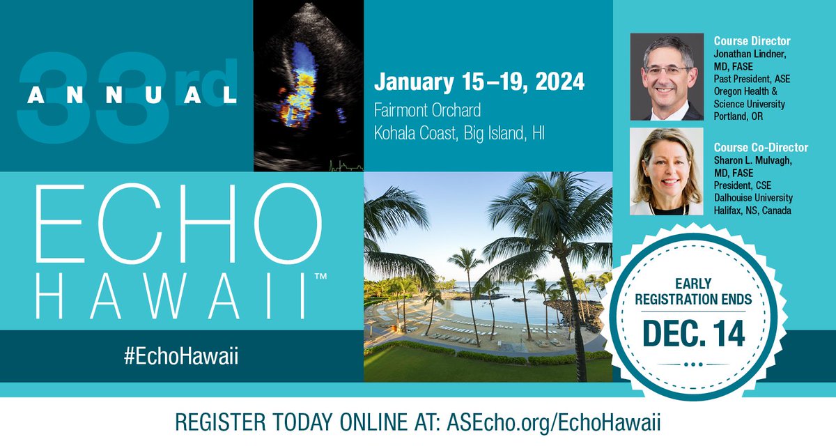 American Society of Echocardiography (@ase360) on Twitter photo NEW this year, our #EchoHawaii will be held at the <a href="/FairmontOrchid/">Fairmont Orchid, Hawaii</a> on January 15-19, 2024! 🌺
#EchoHawaii will offer in-depth, case-based learning on established and emerging cardiovascular ultrasound technologies in a beautiful and relaxed environment. bit.ly/3U4RmA2 NEW this year, our #EchoHawaii will be held at the <a href="/FairmontOrchid/">Fairmont Orchid, Hawaii</a> on January 15-19, 2024! 🌺
#EchoHawaii will offer in-depth, case-based learning on established and emerging cardiovascular ultrasound technologies in a beautiful and relaxed environment. bit.ly/3U4RmA2