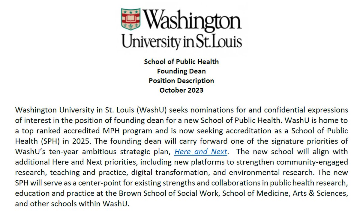 Washington University in St. Louis (WashU) seeks nominations for and confidential expressions of interest in the position of Founding Dean for a new School of Public Health. See position description here: provost.wustl.edu/washu-new-scho…