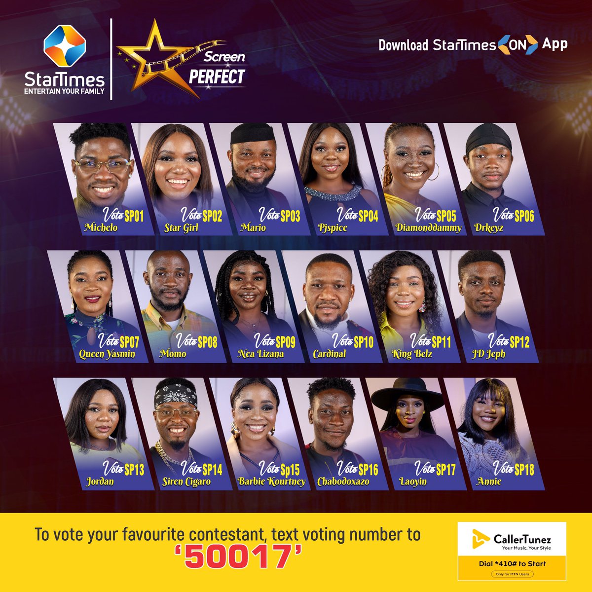 GlowMoist's tweet photo. Who is the standout star of the #ScreenPerfect Reality Show?
Choose your top contender for a chance to win 1 million Naira in the "Most Amiable" category! Cast your vote by texting the number to 50017 (MTN only) or download StarTimes ON to vote: https://t.co/YSOaeWsTZi. https://t.co/1PqLLf0SRS