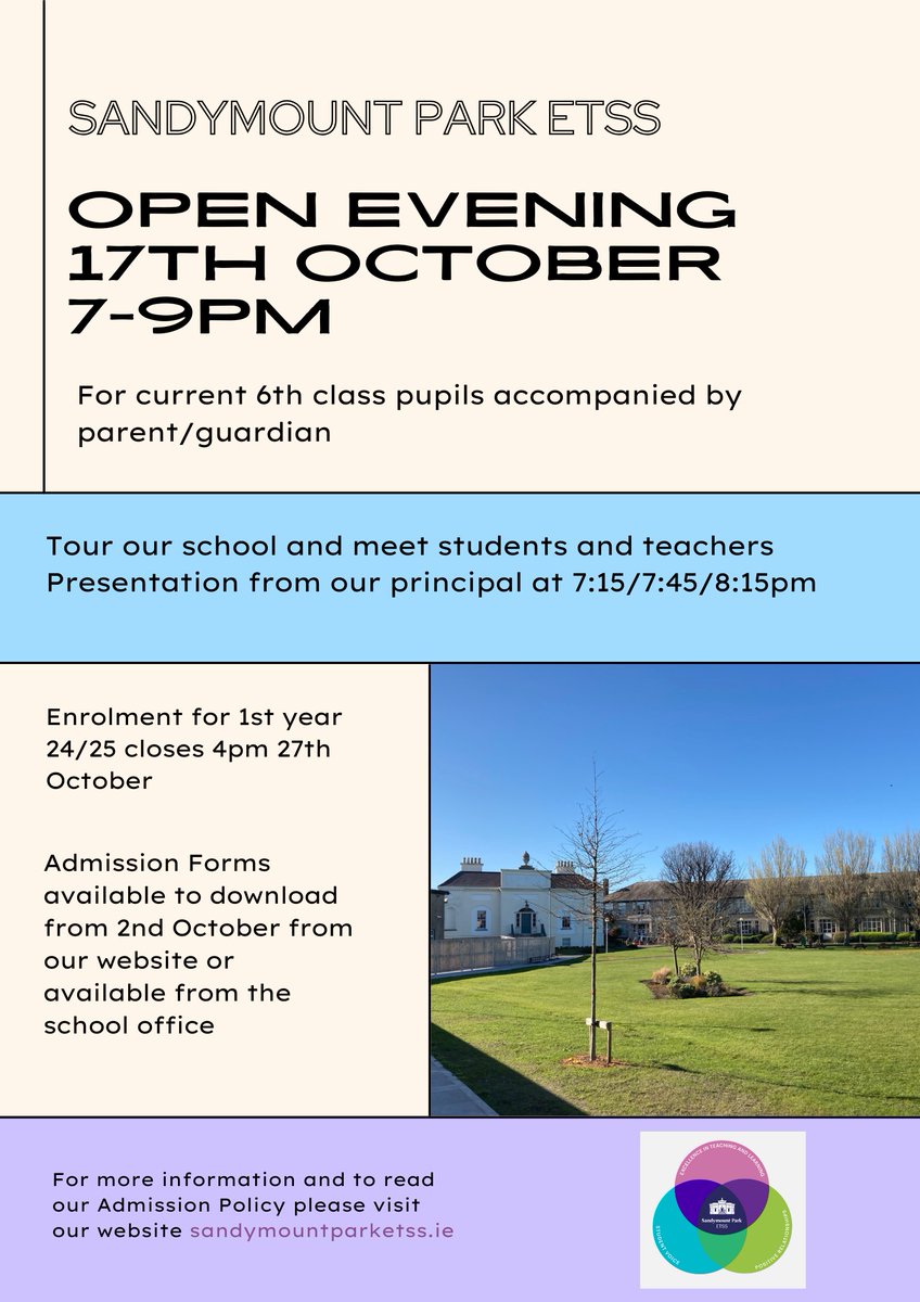 6th class pupils and parents don't forget our Open Evening from 7-9pm this evening. Tour the school and meet students and teachers. See you there 😀