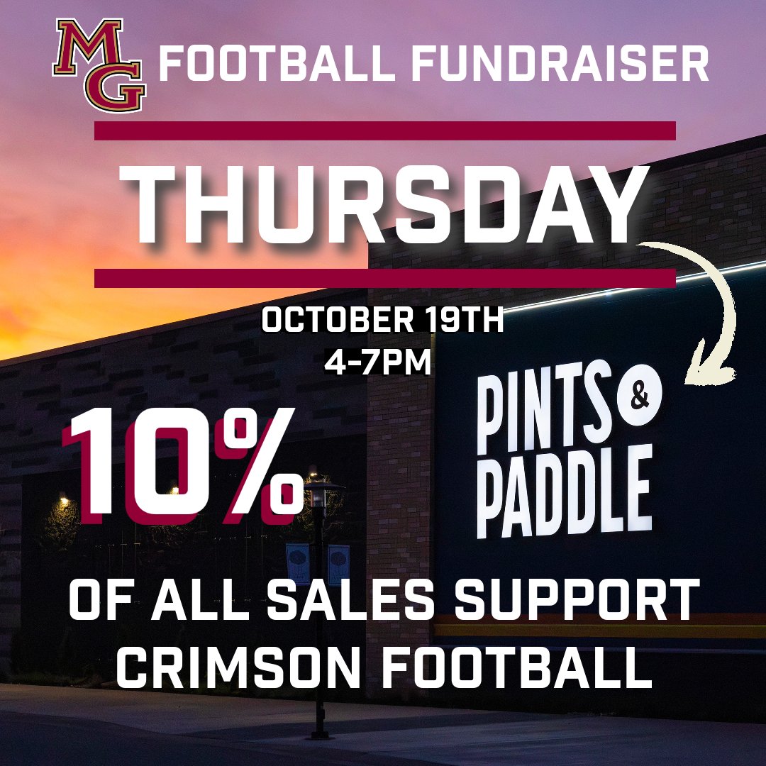 Support @maplegrove_crimsonfootball at Pints and Paddle this Thursday! ❤️
10% of all proceeds go back to MG Football. 
Share with a friend this fun, easy way to support our local team 🏈