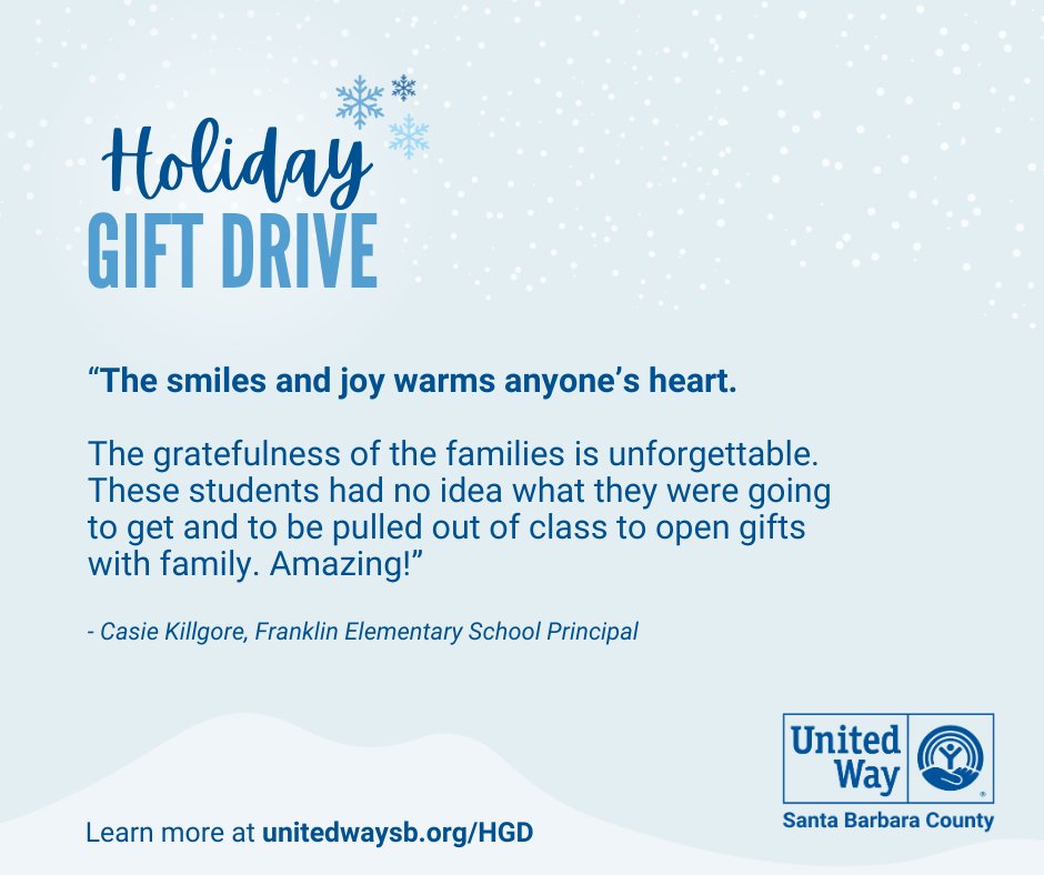 Fulfill a child’s holiday wish this season and participate in United Way’s Holiday Gift Drive!

To learn more or adopt a wish list, please visit unitedwaysb.org/HGD 
#SantaBarbara #GiftDrive #HappyHolidays