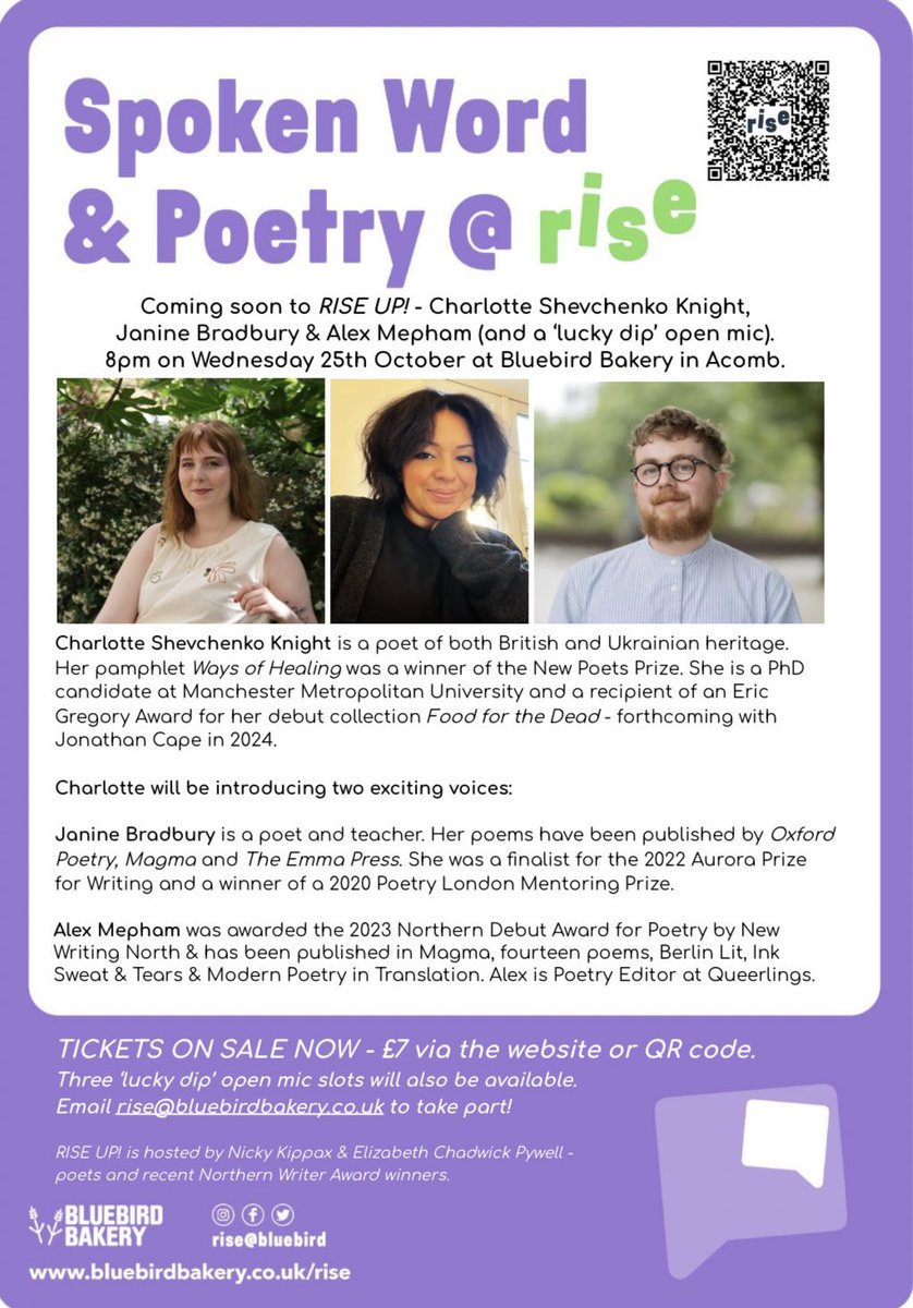 kickynippax's tweet image. Three brilliant poets? ✔️ Local brews &amp;amp; great coffee? ✔️ Snacks &amp;amp; cakes? ✔️ Must be the next Rise Up! Wednesday 25th October. Tickets via bluebirdbakery.co.uk/rise or the QR code thingy. @shevchenkonight @Janinebradders @am3pham