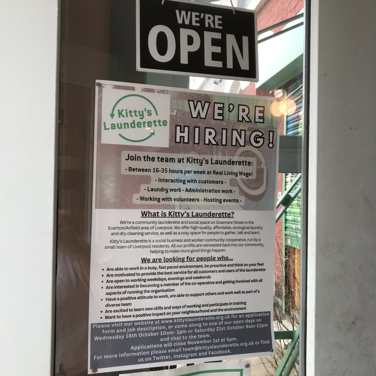 Tomorrow is our first open day for people interested to find out more about working at Kitty's Launderette! Pop down between: -10am-1pm on Wednesday 18th -9am-12pm on Saturday 21st October To chat to our friendly team and get a feel for the place 💚 tinyurl.com/4aajyskf