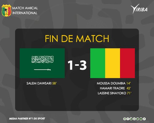 [Amical]

Fin de match | Arabie Saoudite - Mali (1-3)

Les Aigles dominent logiquement l'Arabie Saoudite (1-3), les buts maliens ont été inscrits par Moussa Doumbia 14' , Hamari Traoré 42' &amp; Lassine Sinayoko 71'.

Media Partner N°1 du Sport