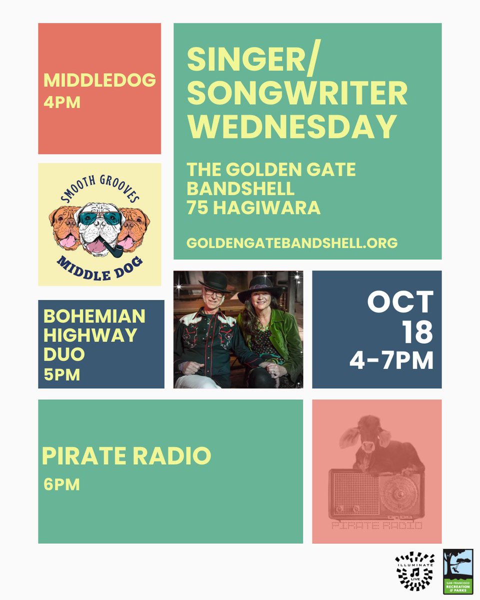 Enjoy a mid-week musical break and come out for Singer/Songwriter Wednesday, tomorrow October 18 at the @GoldenGatePark Bandshell🎶 The free live show starts at 4pm, featuring: Middle Dog The Bohemian Highway Duo Pirate Radio #livemusic #sanfrancisco @recparksf