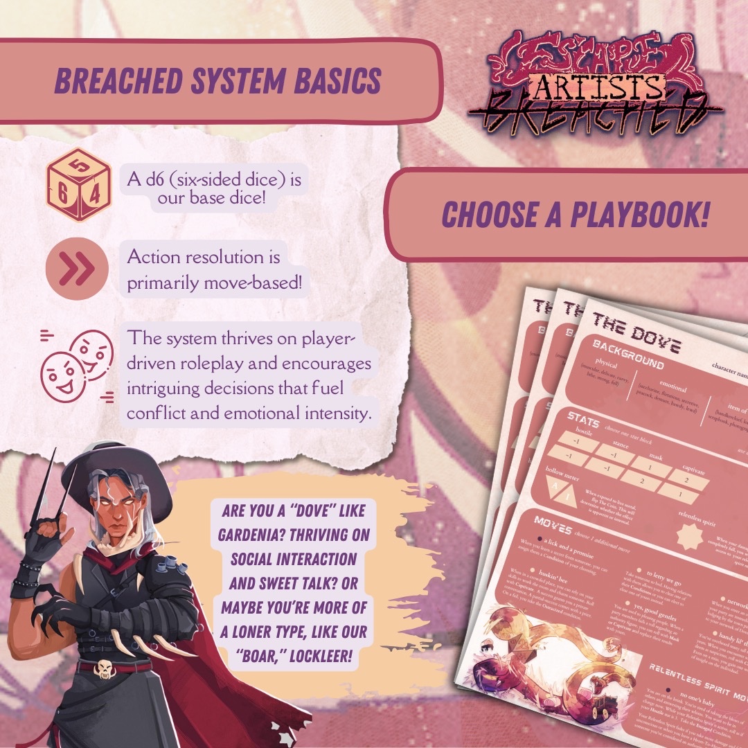 That_Poetess's tweet photo. “Breached” is a d6-core ttrpg system that I designed, set in a sci-fi western world: The New West. It’s inspired by my love of morally grey characters, and Escape Artists Show is premiering our titular actual-play, GMed by yours truly, on October 21st @ 7pm PT on Twitch.
✨🥹 https://t.co/tNNO6NKc2d