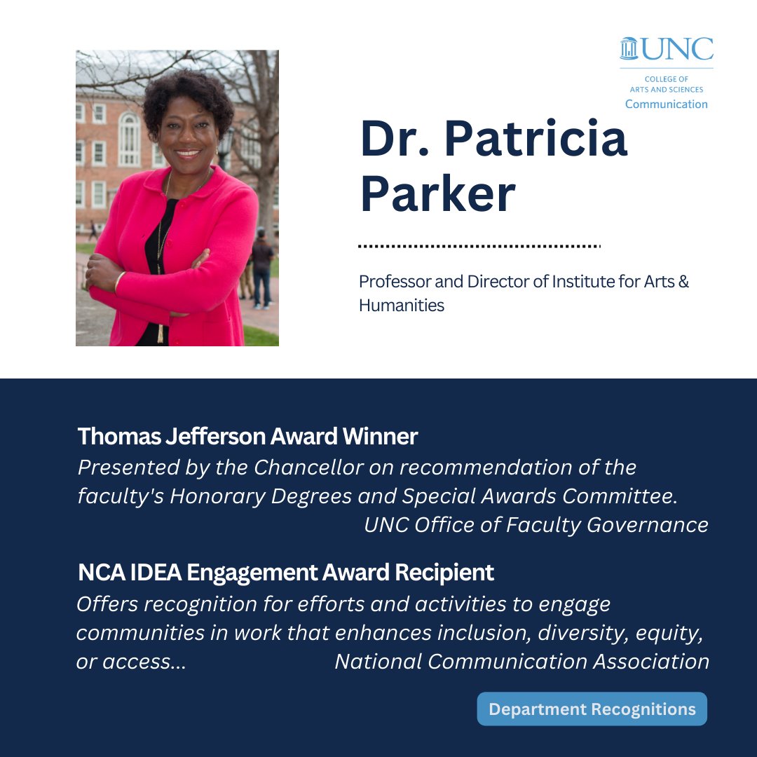 UNCComm's tweet photo. 👏 Check out the latest COMM recognitions👇
🏆🏆 Dr. Patricia Parker is the recipient of the Thomas Jefferson Award presented by the UNC Office of Faculty Governance and the IDEA Engagement Award by the National Communication Association.
#UNCComm #EngageCreateCritique #UNC https://t.co/8cjjvPiP8V