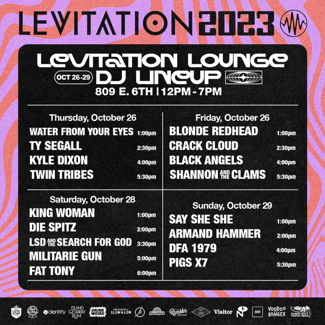 Dropping the Levitation Lounge DJ lineup with sets from @BlondeRedhead @tysegall @shanandtheclams @dfa1979 @theblackangels @kngwmn @fattonyrap & more. FREE with RSVP. The Levitation Lounge is a new central festival hub, located at 809 E 6th St. RSVP: bit.ly/levitationloun…