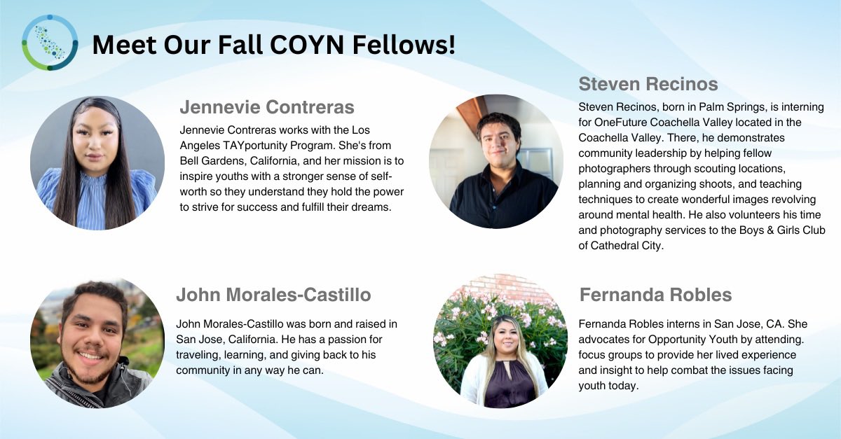 NewWays2Work's tweet photo. Meet our Fall COYN Fellows! These young adults represent their local COYN member site. The fellowship is a two-month program where the Fellows focus on hearing from youth in their respective areas on what they want to see in their communities. The Fellows utilize the info they… https://t.co/agQFnPrCYM