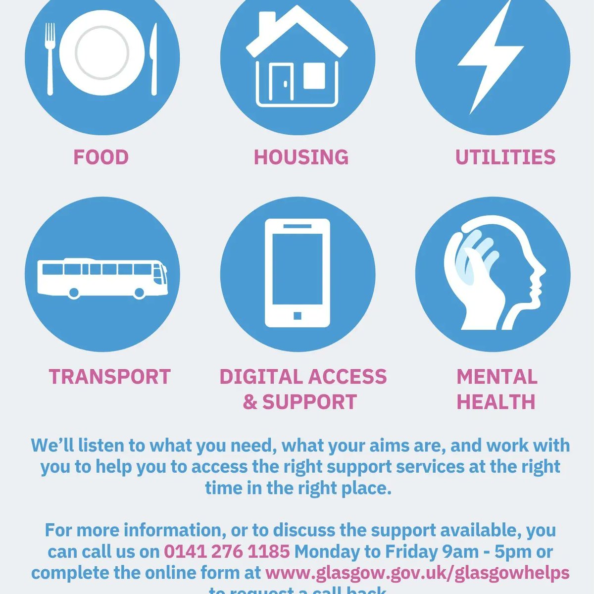 Glasgow Helps🤝🏻| We are working in partnership with Glasgow Helps. 

They offer support across the following :
Food 🍲 
Housing 🏠 
Transport 🚌 

If you require any more information please follow the contact details below ⚽💙