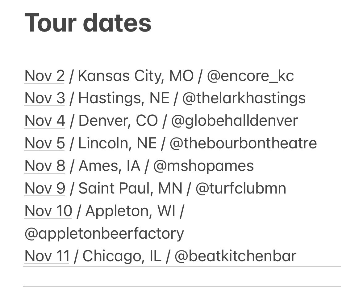 THE BREVET (@thebrevet) on Twitter photo Nov: 2 / Kansas City/ @encore_kc
3 / Hastings, NE / @thelarkhastings
4 / Denver/ <a href="/globehalldenver/">Globe Hall</a>
5 / Lincoln, NE / @thebourbontheatre
8 / Ames, IA / @mshopames
9 / Saint Paul, MN / <a href="/turfclubmn/">Turf Club</a>
10 / Appleton, WI / @appletonbeerfactory
11 / Chicago/ <a href="/beatkitchenbar/">Beat Kitchen</a> Nov: 2 / Kansas City/ @encore_kc
3 / Hastings, NE / @thelarkhastings
4 / Denver/ <a href="/globehalldenver/">Globe Hall</a>
5 / Lincoln, NE / @thebourbontheatre
8 / Ames, IA / @mshopames
9 / Saint Paul, MN / <a href="/turfclubmn/">Turf Club</a>
10 / Appleton, WI / @appletonbeerfactory
11 / Chicago/ <a href="/beatkitchenbar/">Beat Kitchen</a>
