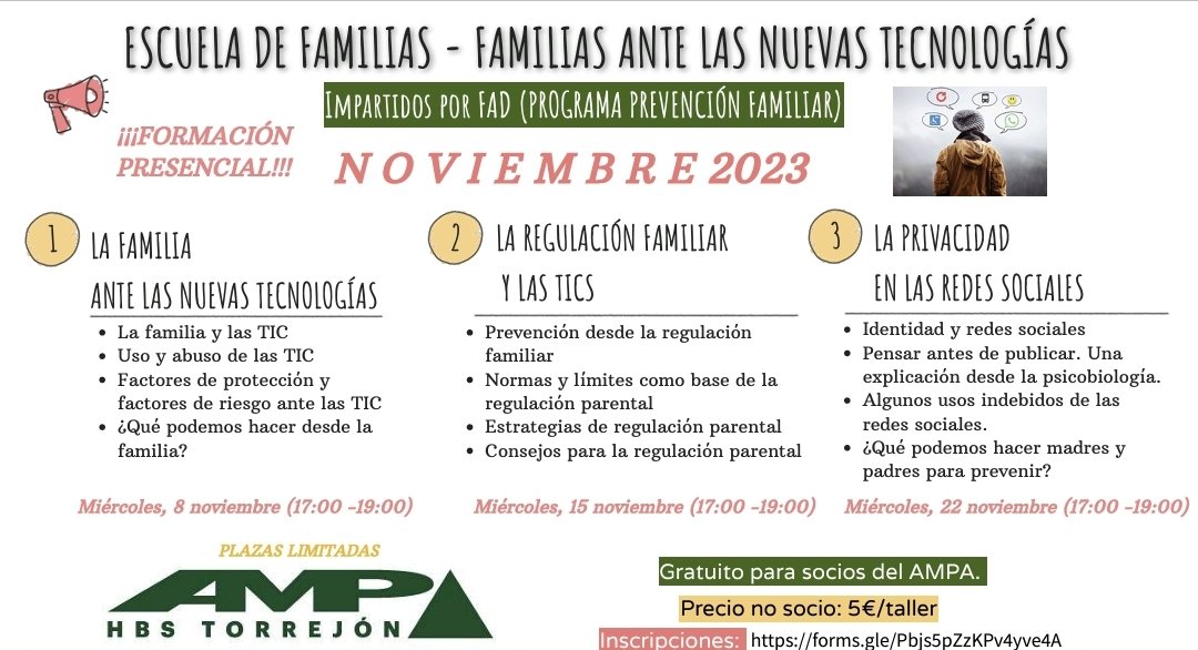 AMPA_HBST's tweet photo. 📢Nueva escuela de familias
📝Plazas limitadas
👉Inscripciones aqui https://t.co/8TQfRptOaR https://t.co/CoCUsfAEQa