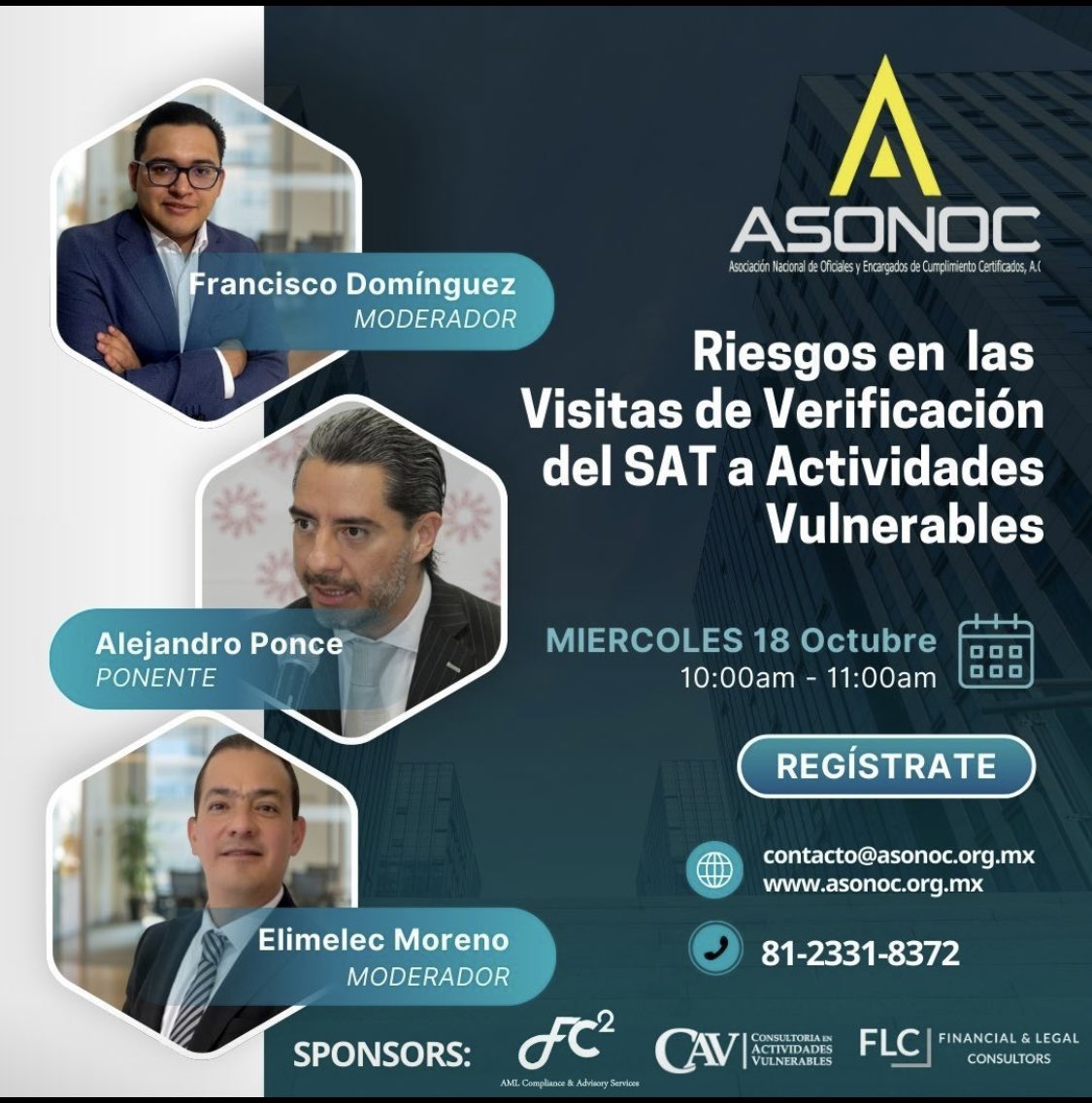 ActVulnerables's tweet photo. 🔺Riesgos en las Visitas de Verificación del SAT a Actividades Vulnerables de la #LFPIORPI🔻

Webinar gratuito miércoles 18 de octubre a las 10:00 am

Para realizar su inscripción, aquí: https://t.co/CeXyqIiWTM https://t.co/RKmKTPWl1H