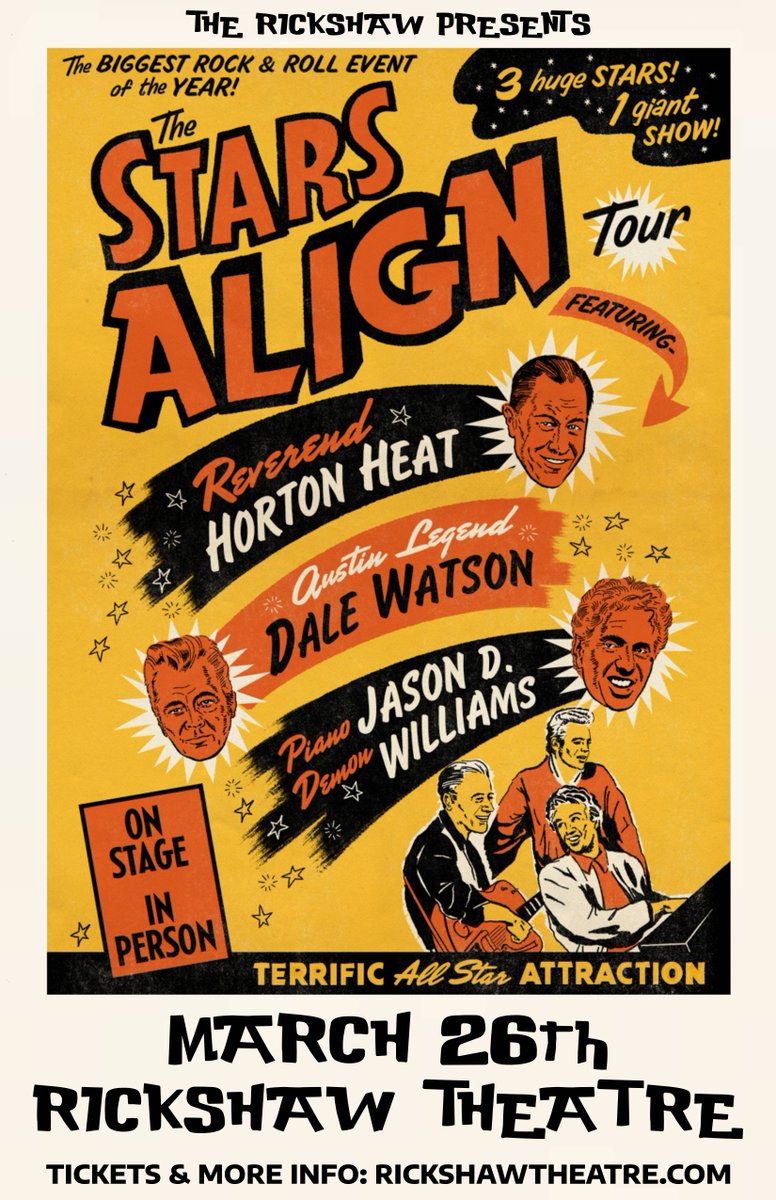 🎸JUST ANNOUNCED🎸
Get ready to be transported back in time into the world of <a href="/revhortonheat/">Reverend Horton Heat</a>'s imagination when the band returns to the Rickshaw March 26th!

With guests <a href="/thedalewatson/">Dale Watson</a> &amp; <a href="/rockinjasond/">Jason D Williams</a>.

RSVP: ow.ly/9LrB50PXOjV
TIX: ow.ly/GewZ50PXOjW
On sale Thurs 🎫