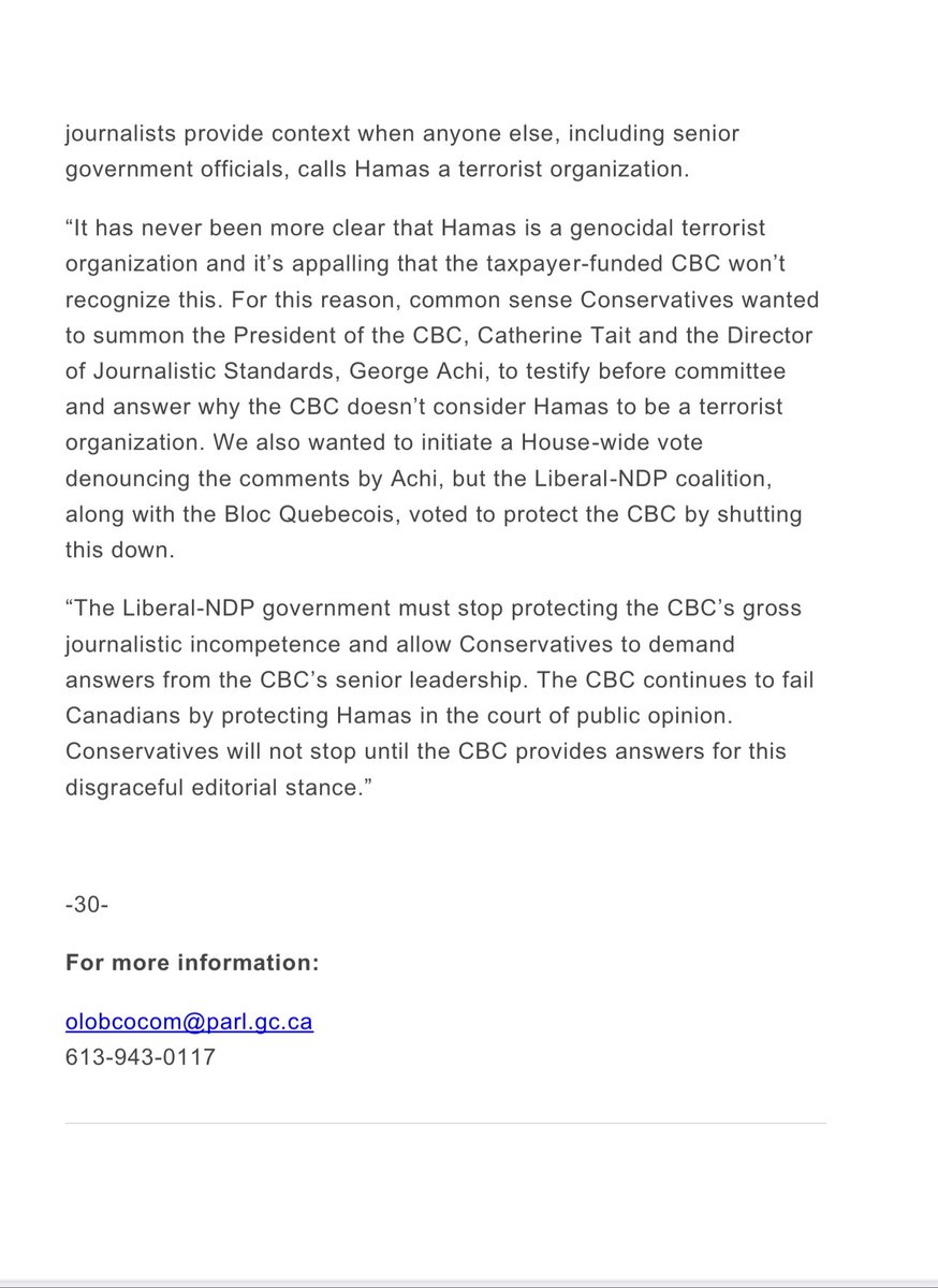 The CBC told its reporters not to call Hamas what they are: a listed criminal terrorist organization in Canada. 

We called on the Liberal-NDP government to summon CBC to committee to explain why opinion masquerades as fact over there. 

They shut down the meeting instead.
