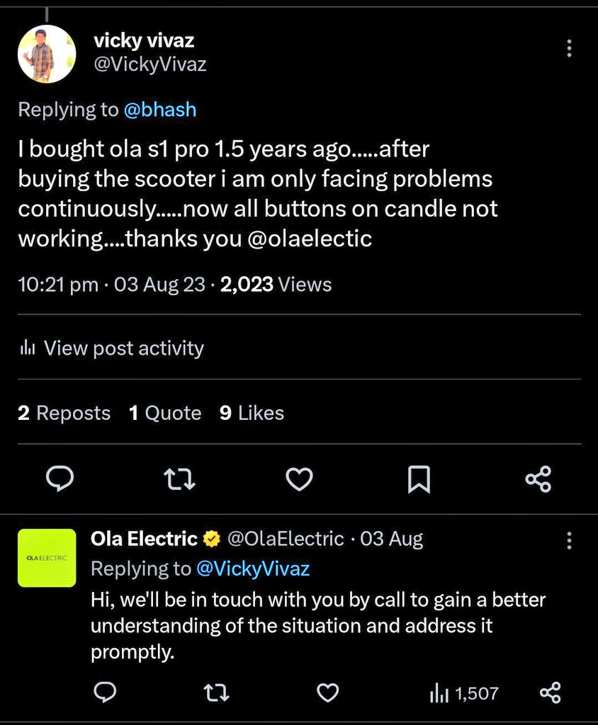 VickyVivaz's tweet photo. @OlaElectric Posted on 3rd August 2023...till now no one reaches me for a issue....@OlaElectric @bhash https://t.co/i0xPG2lqIM
