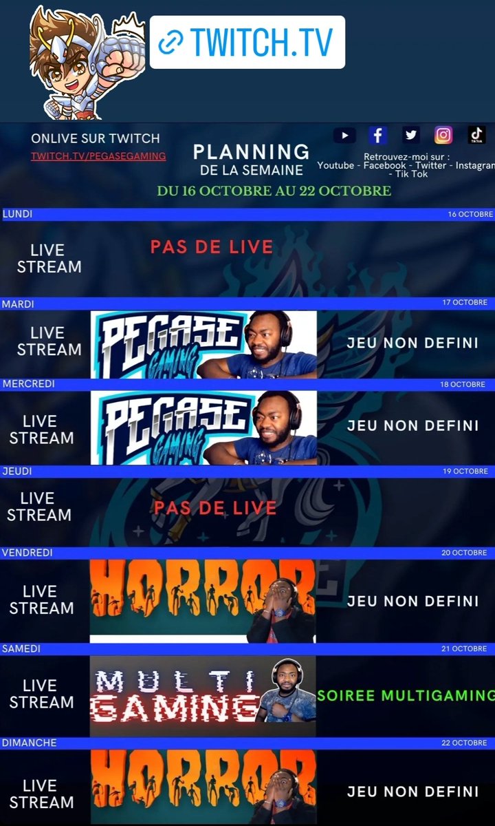 Puissant planning de la semaine
N'hésitez pas à passer donner de la force 💪🏾

#Twitch #TwitchFr #streaming #stream #streamer #Live #Livestream #LiveStreaming #pegasegaming

twitch.tv/pegasegaming