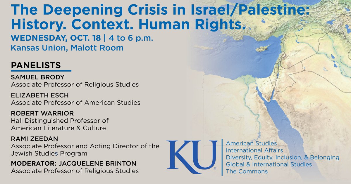 Join us Wednesday for the faculty panel “The Deepening Crisis in Israel/Palestine: History. Context. Human Rights.” from 4 to 6 p.m. in the Malott Room of the Kansas Union.
news.ku.edu/2023/10/17/ku-…