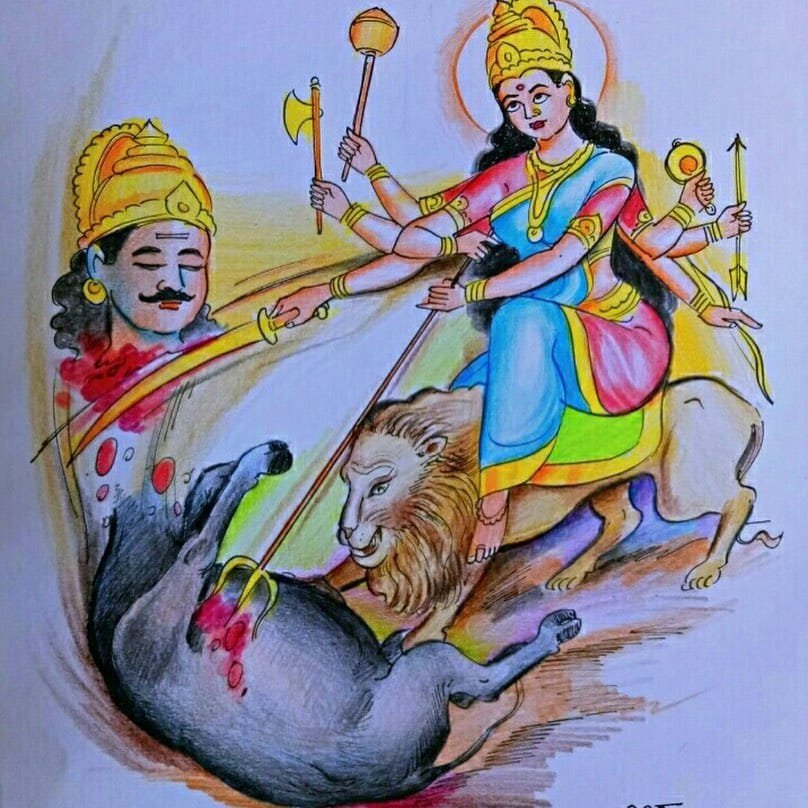 MahishasuraMardini:
Durga who rode a lion, gigantic in size and annihilated the demon Mahishasura is known as Mahishamardini Durga. She is worshipped on day 3.

#Navarathri
#MahishasuraMardini