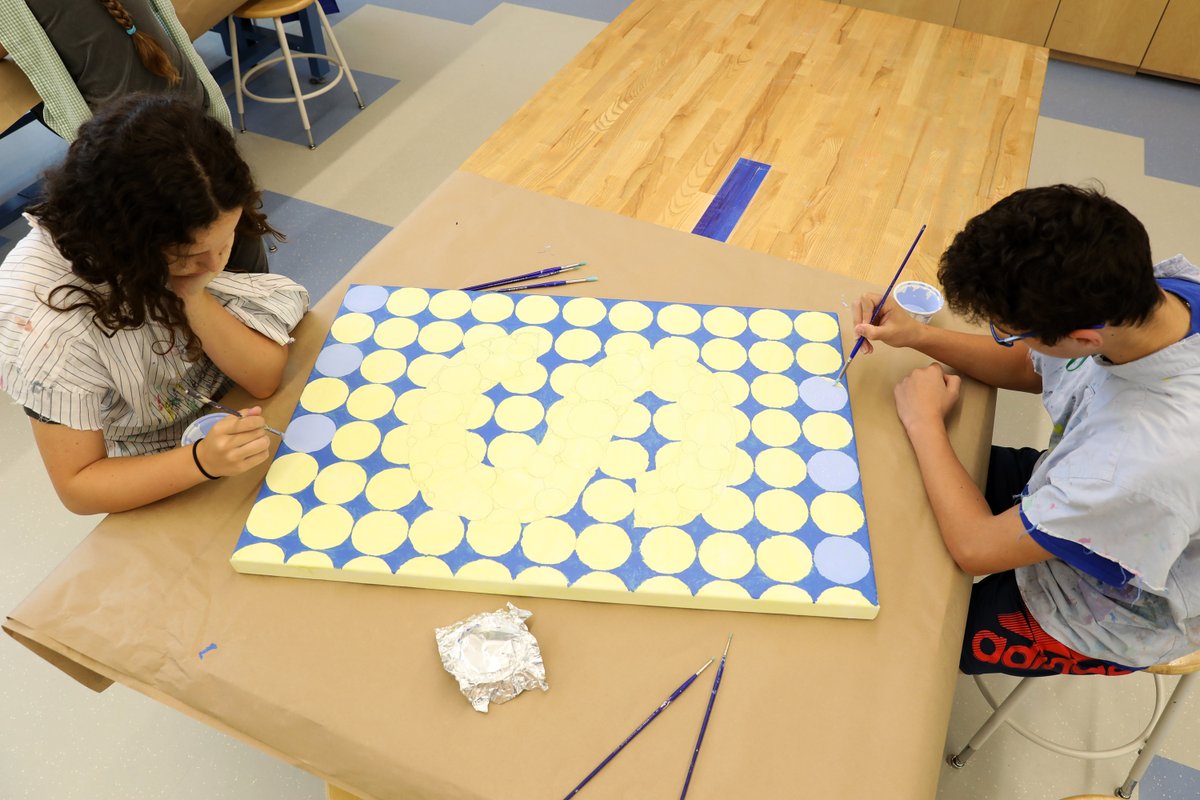 7th & 8th graders in Ms. Armstrong's painting elective are finishing panels that will soon add some color & school pride to an area in our new offices at 37 Day School Lane. Students worked w/ the team at 37 DSL to design pieces that would work for dimensions, style of the space.