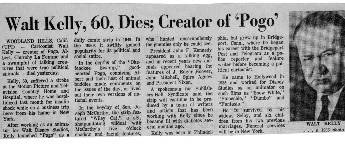 Walt Kelly, creator of "Pogo", dies on 18th of October, 1973. Article from The Rochester Times-Union: