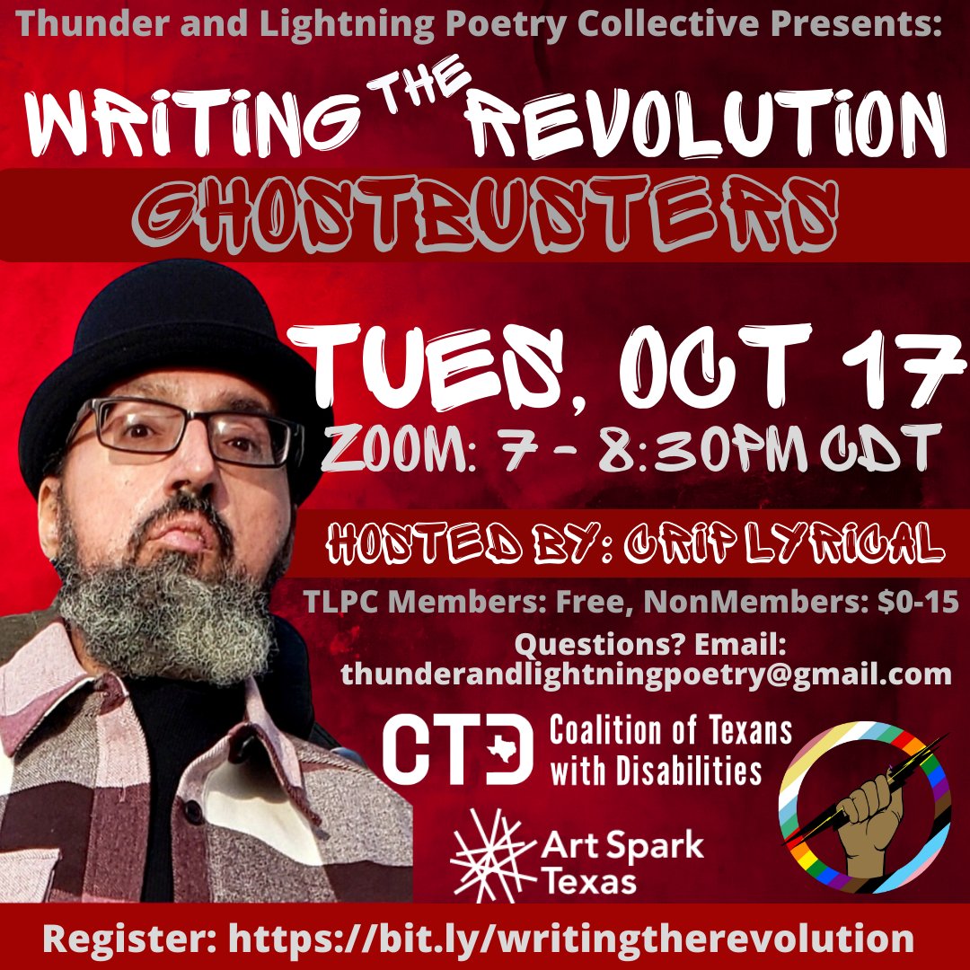 Tonight, TUE OCT 17, it's @CripLyrical's last Thunder & Lightning #Poetry Collective #CreativeWriting workshop for 2023! Join him for Ghosterbusters: works that aim at de-stigmatizing & myth busting!
More info bit.ly/WritingTheRevo…
CC provided. W support from CTD & @ArtSpark