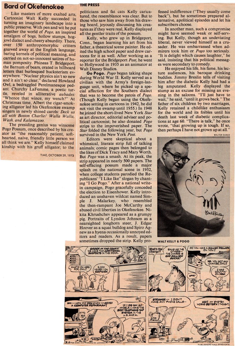 Walt Kelly bio from TIME magazine, 29th October, 1973: